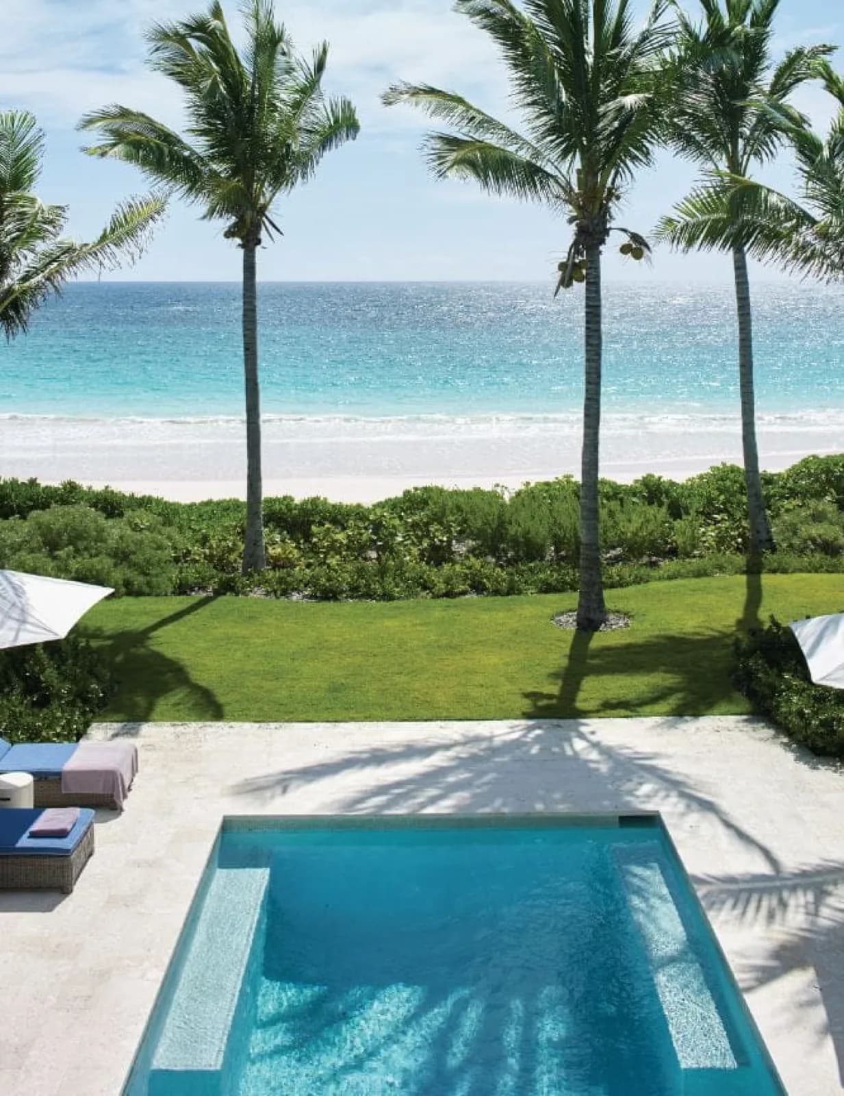 The Dunmore – Pool im Garten mit Blick über Palmen zum Pink Sands Beach